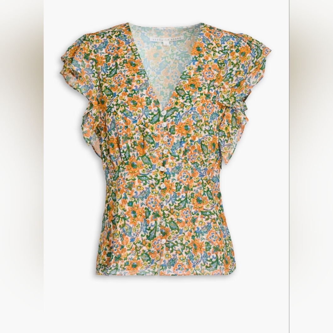 Veronica Beard Cream Ruffled Fitted Blouse